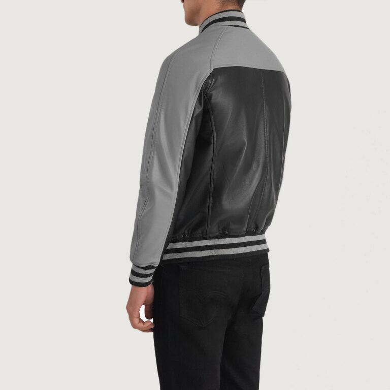 Mens Terrance Black & Grey Leather Varsity Jacket Tilted Back-8-1704122384910